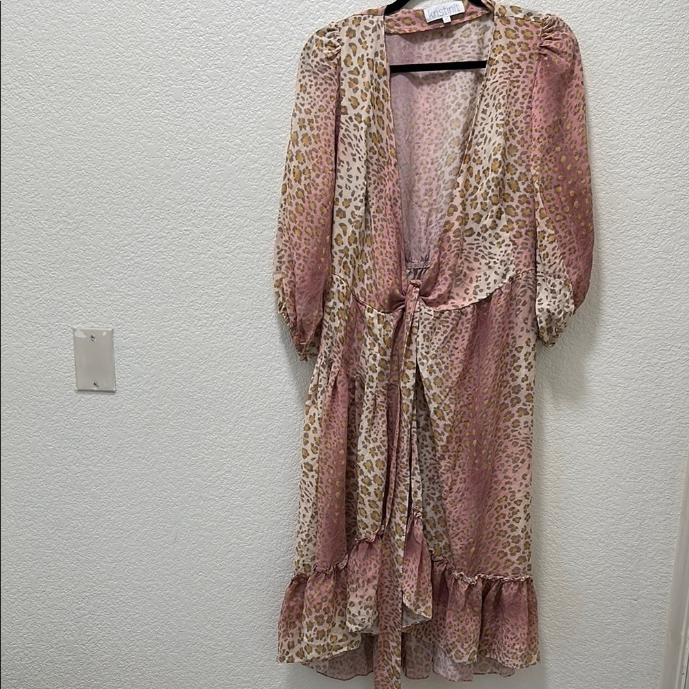 Pink Ruffled Wrap Sundress with Bishop Sleeves
